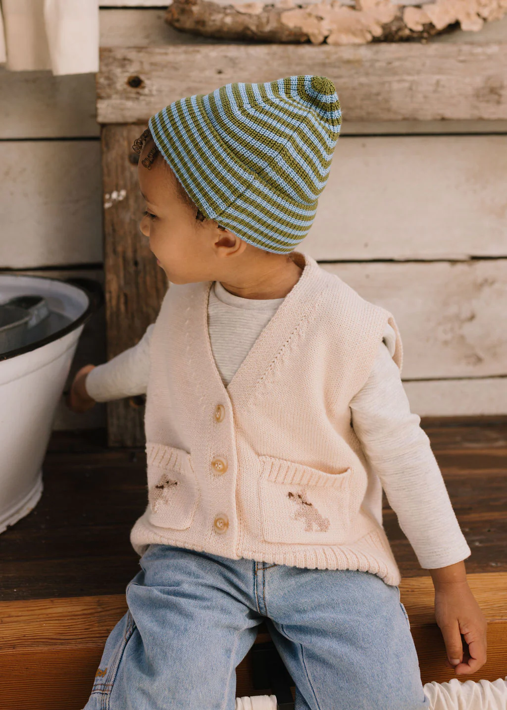 Berlin Merino Beanie Green and Blue Stripe - Image 2