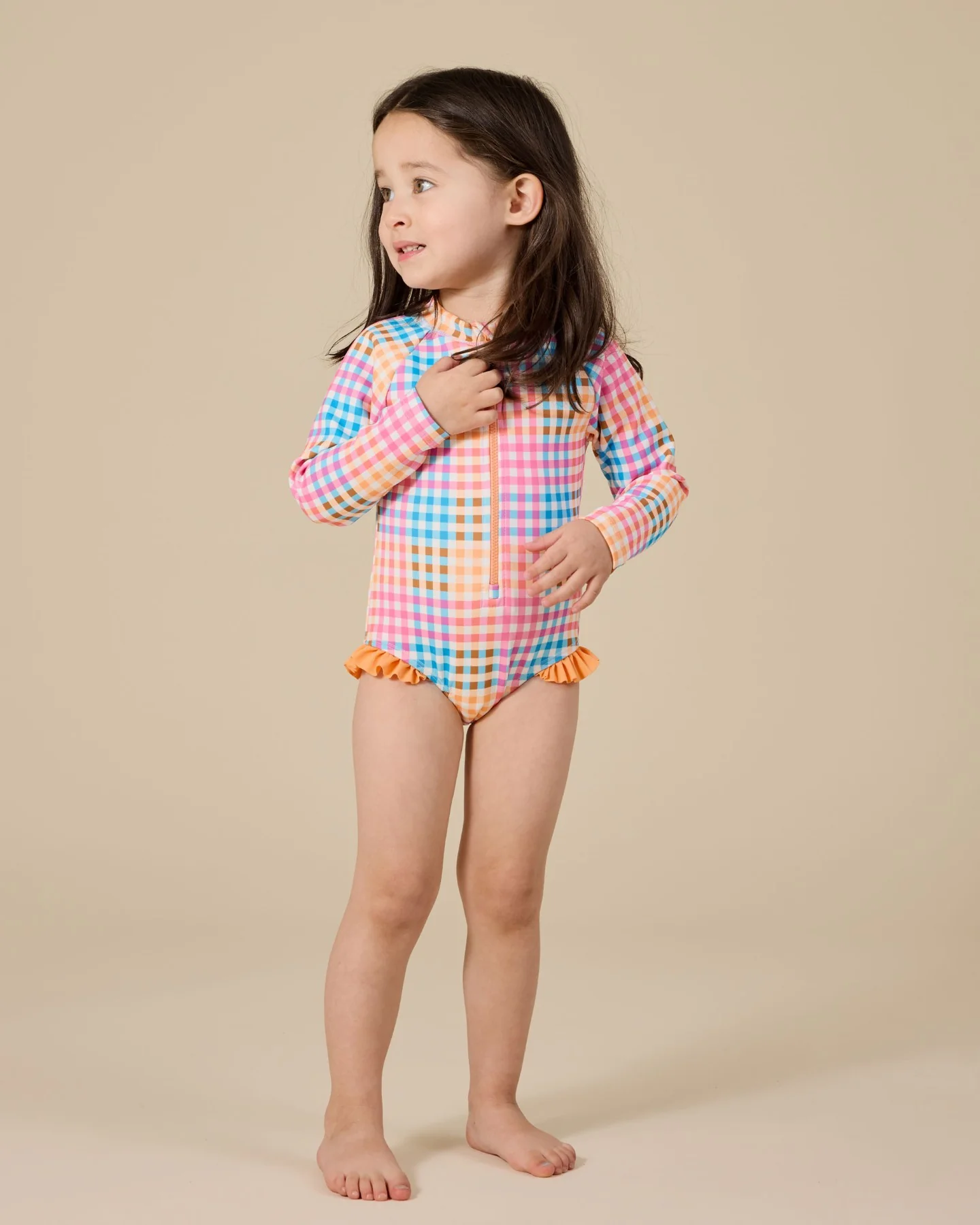 Goldie + Ace Rainbow Gingham Long Sleeve Frill Swimsuit - Image 2