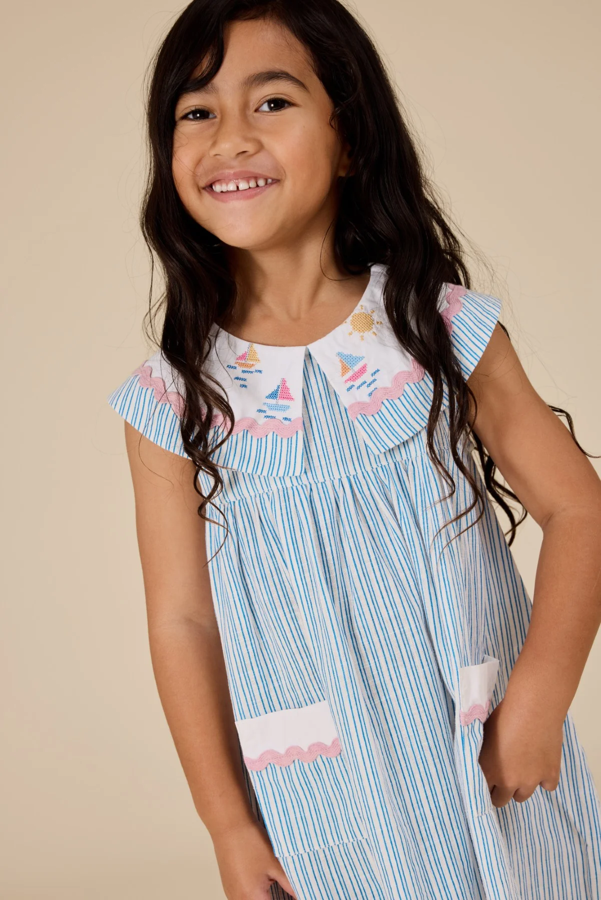 Goldie + Ace Sailor Stripe Lucy Collared Dress - Ocean/Ivory - Image 3