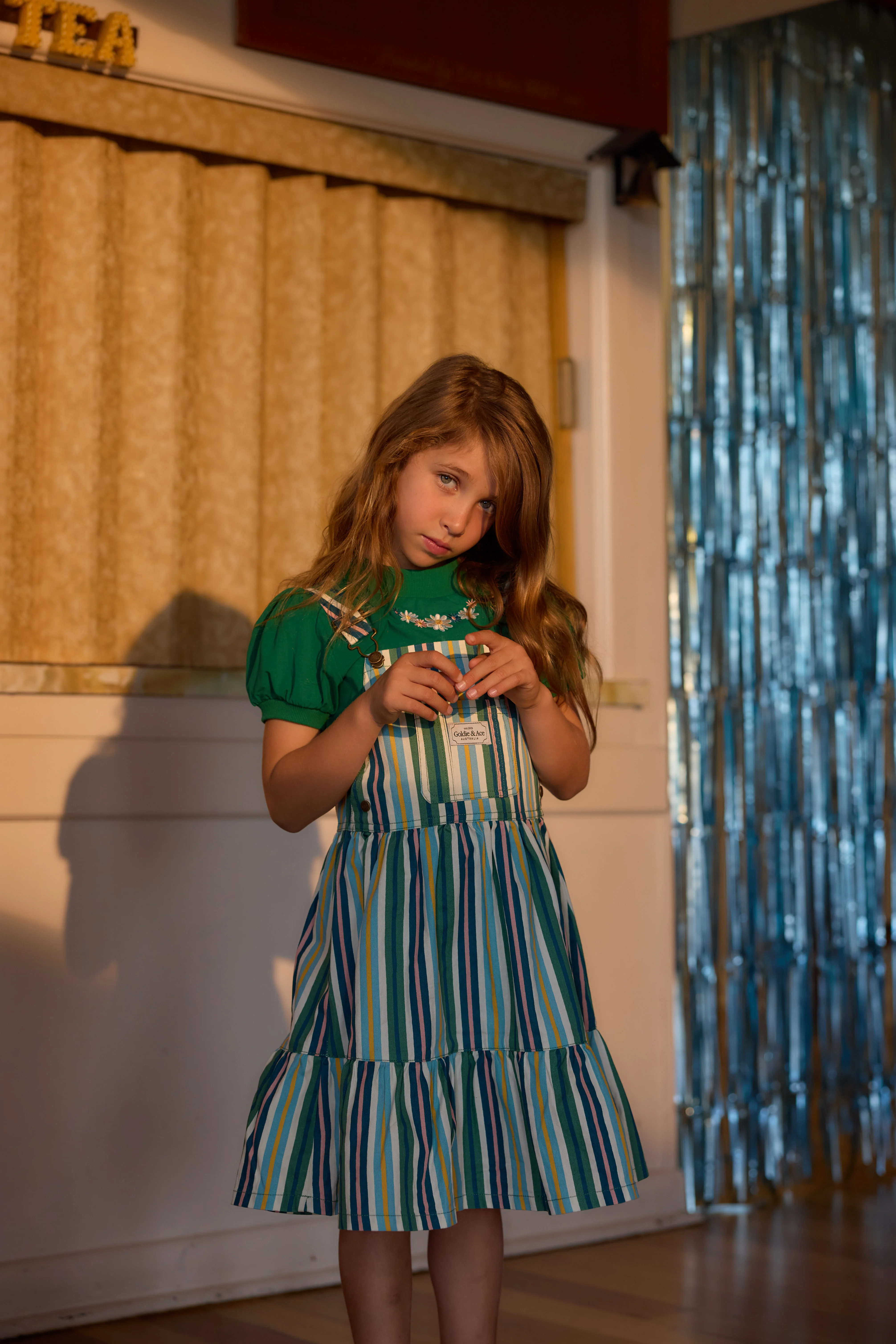 Goldie + Ace Tully Tiered Pinafore Dress Stripe Evergreen Stripe - Image 2