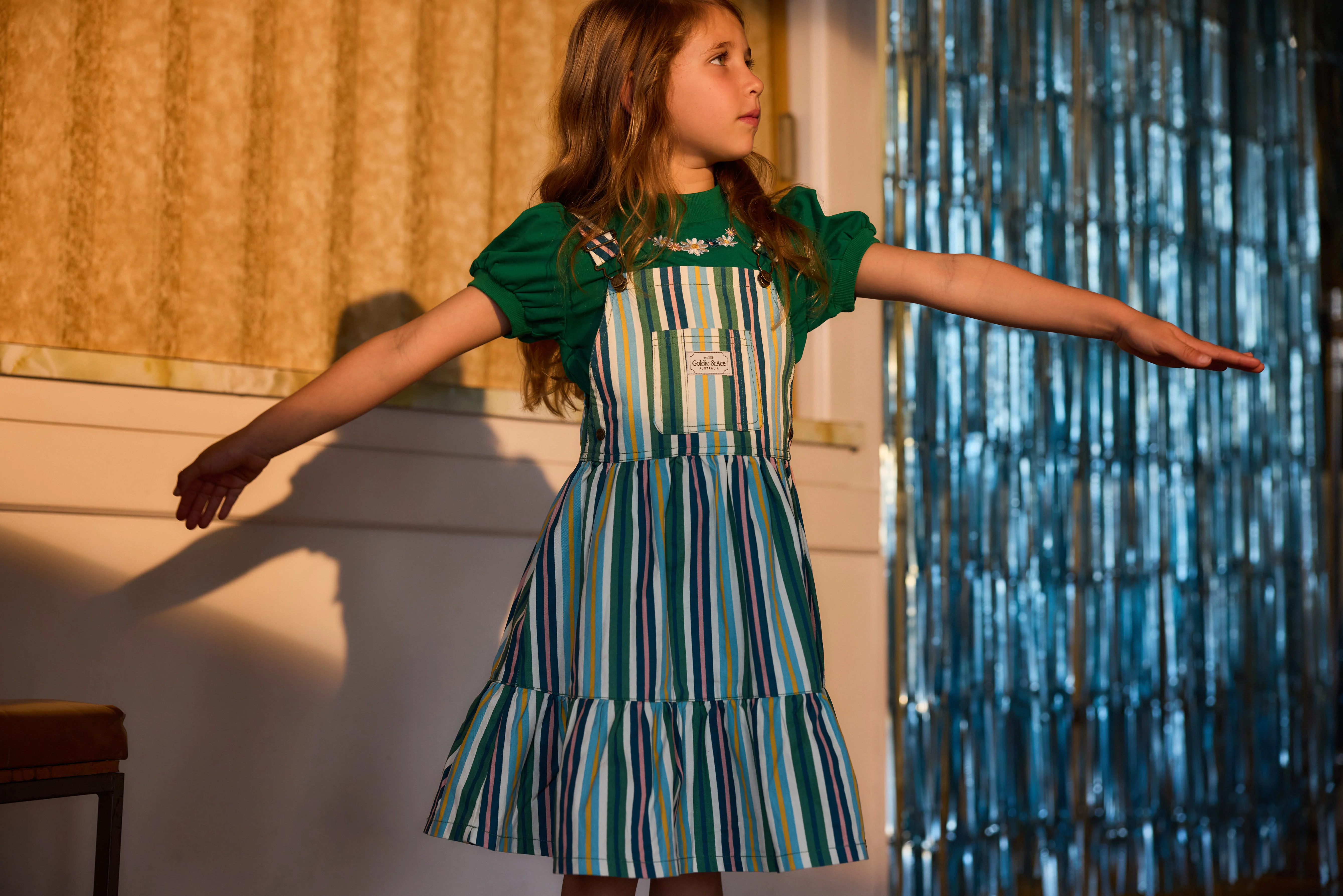 Goldie + Ace Tully Tiered Pinafore Dress Stripe Evergreen Stripe - Image 3