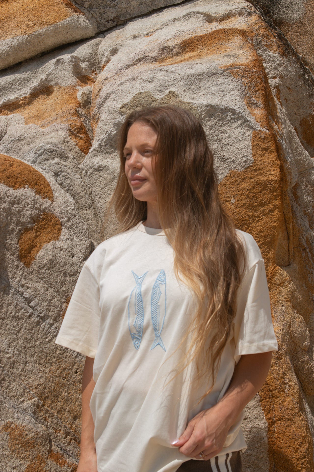 Ladies Organic Sardine Embroidered Tee - Milk - Image 2