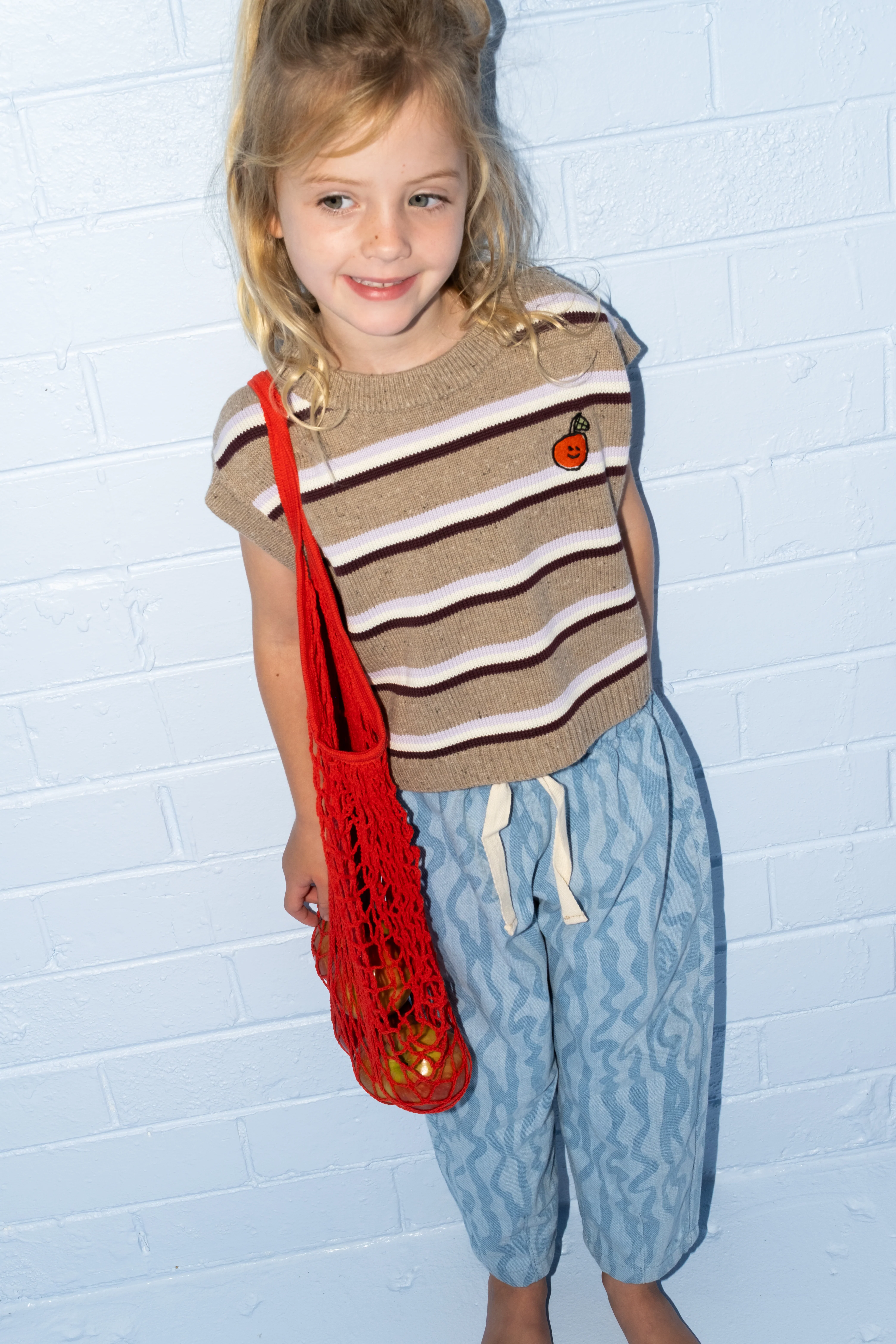 Organic Stripe Apple Knit Vest - Oatmilk - Image 2
