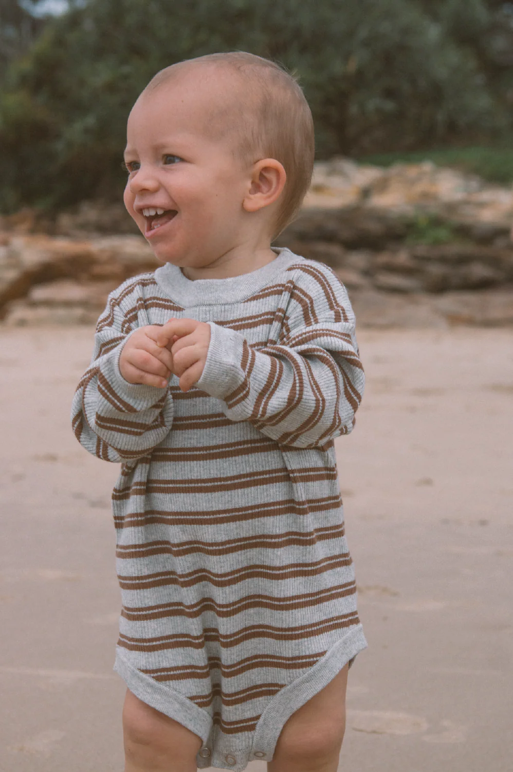 Ribbed Stripe Romper - Grey Marle/Brown - Image 2