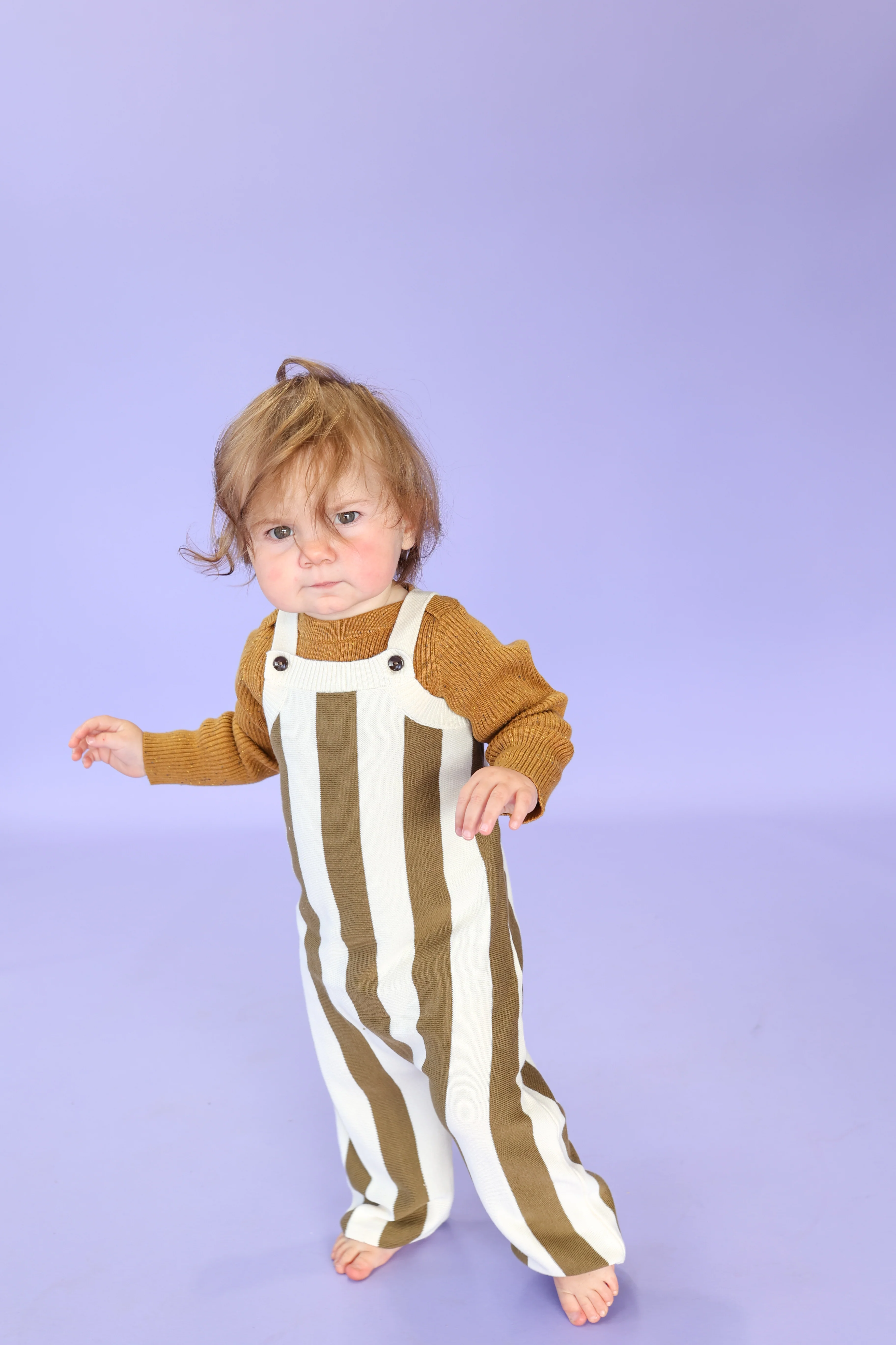 Vertical Stripe Knit Overalls - Coffee - Image 2