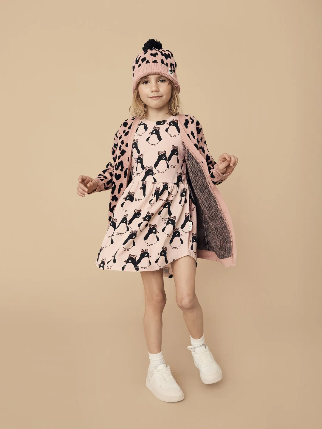 Huxbaby AW22 Drop 1 Bow Penguin Long Sleeve Swirl Dress - Rose - Image 2