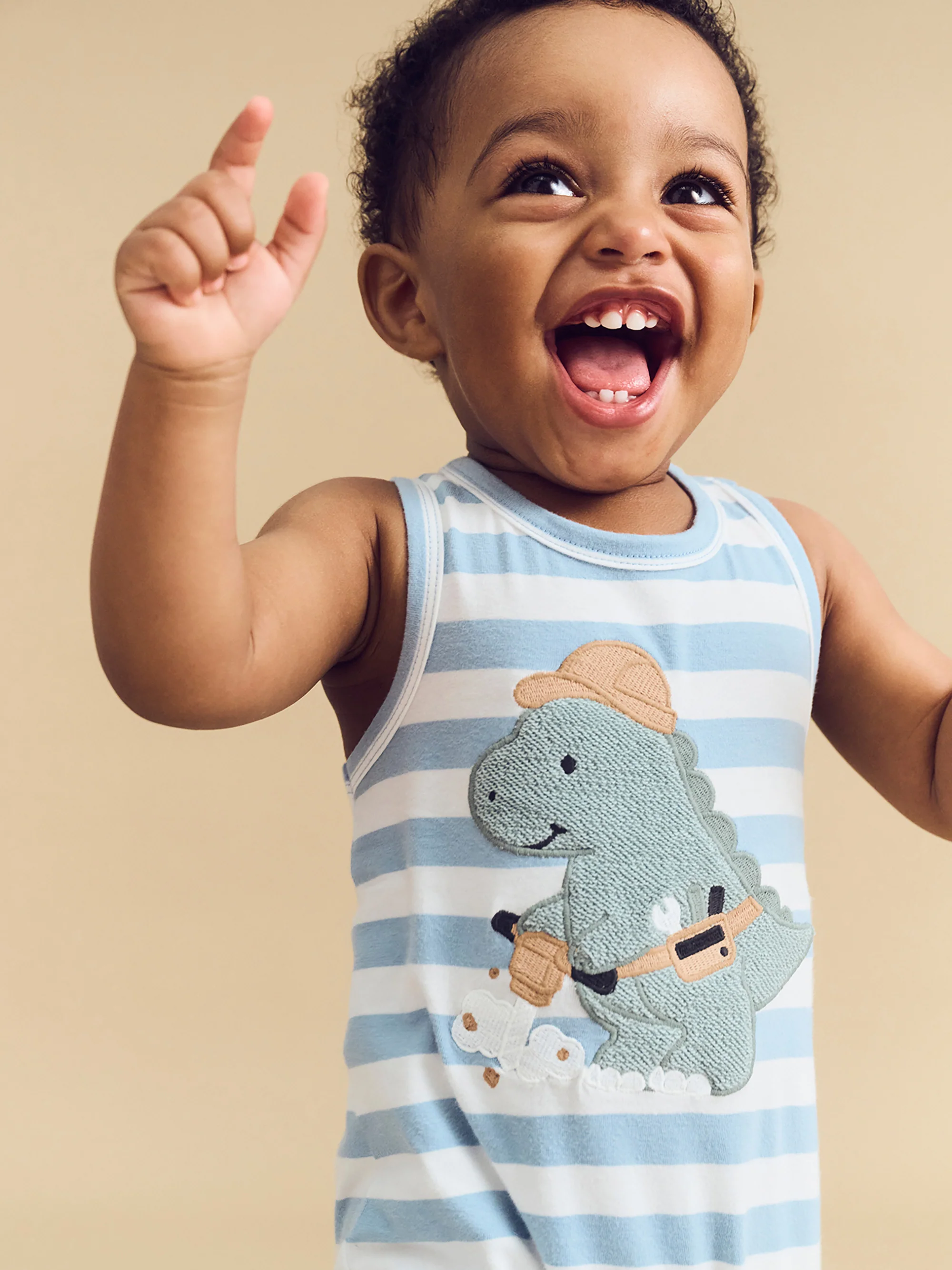 Construction Dino Stripe Sleeveless Romper - Marine Blue/Almond Milk - Image 3