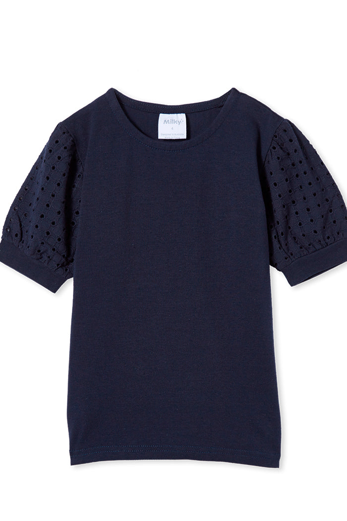 Milky Baby Navy Broderie Sleeve Tee - Image 3