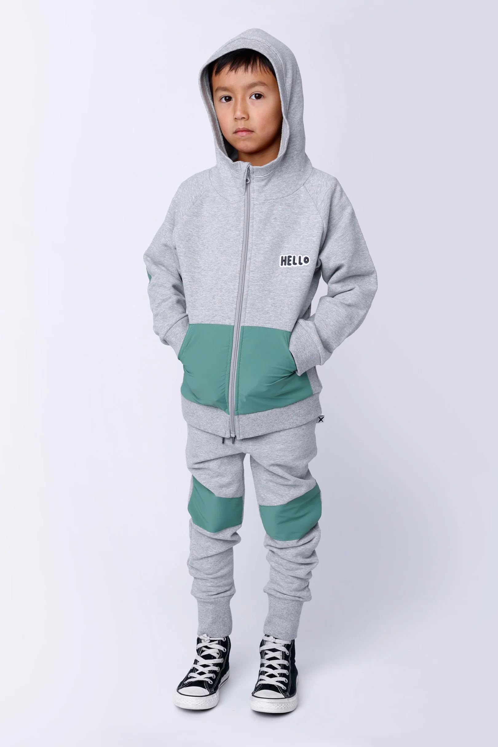 Nylon Patch Furry Trackies - Grey Marle/Green - Image 2