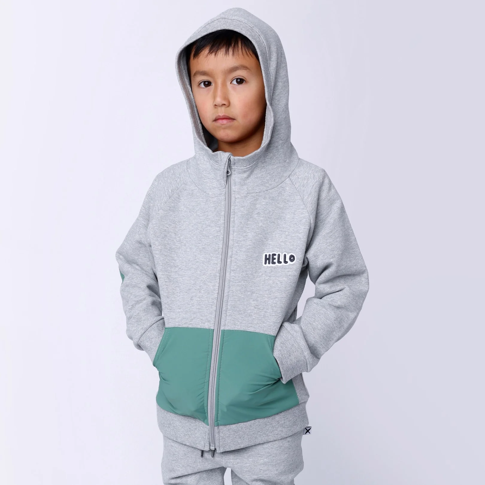 Nylon Patch Furry Zip Up - Grey Marle/Green - Image 2