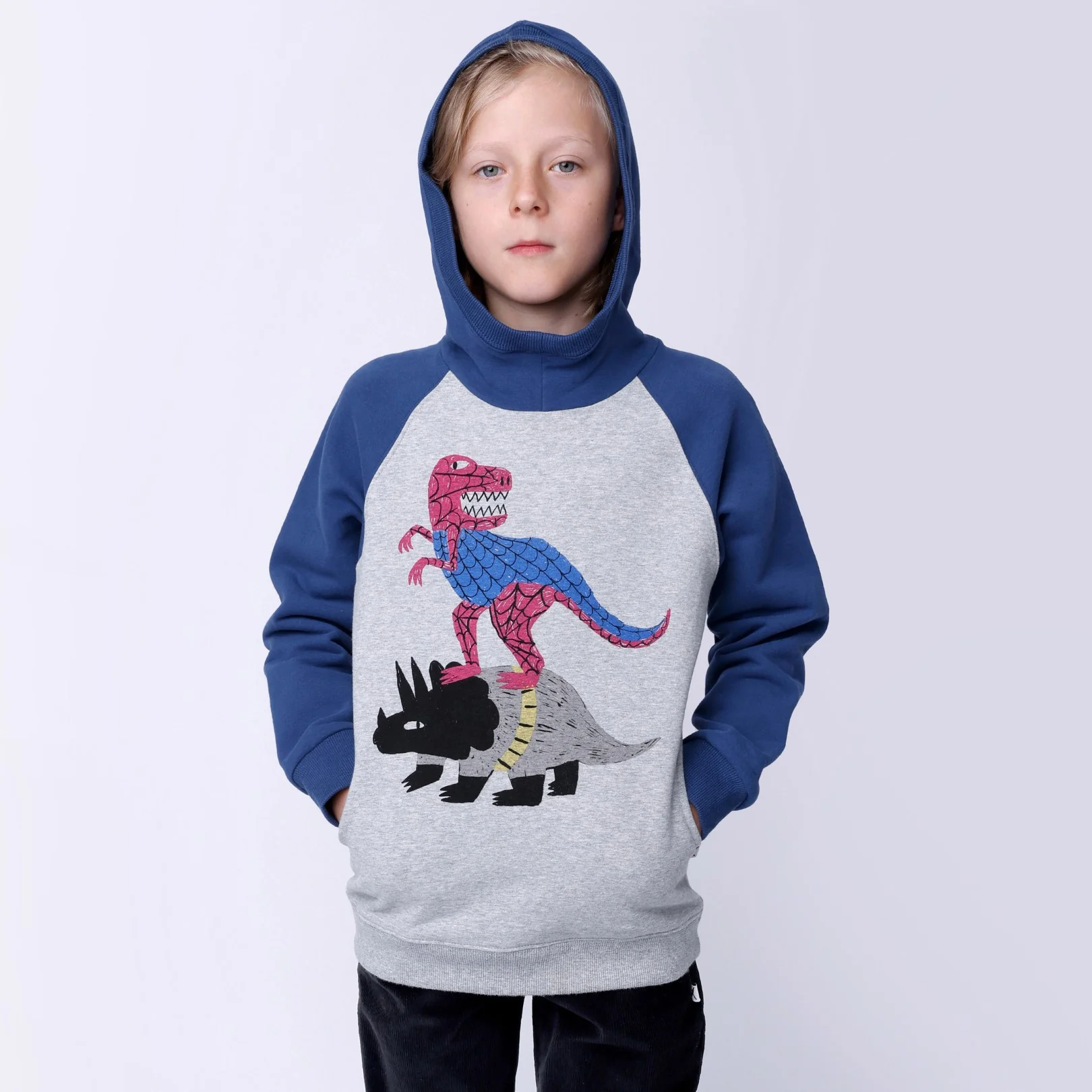 Minti Super Dinos Furry Hood - Grey Marle/Navy - Image 2