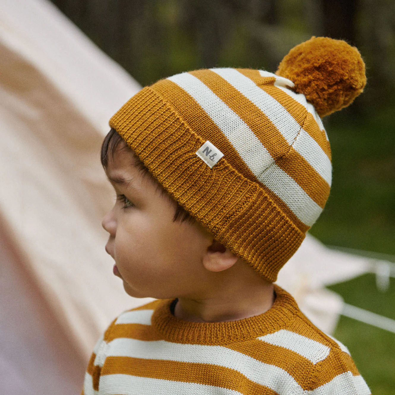 Alpine Pom Pom Beanie - Toffee Bold Stripe - Image 2