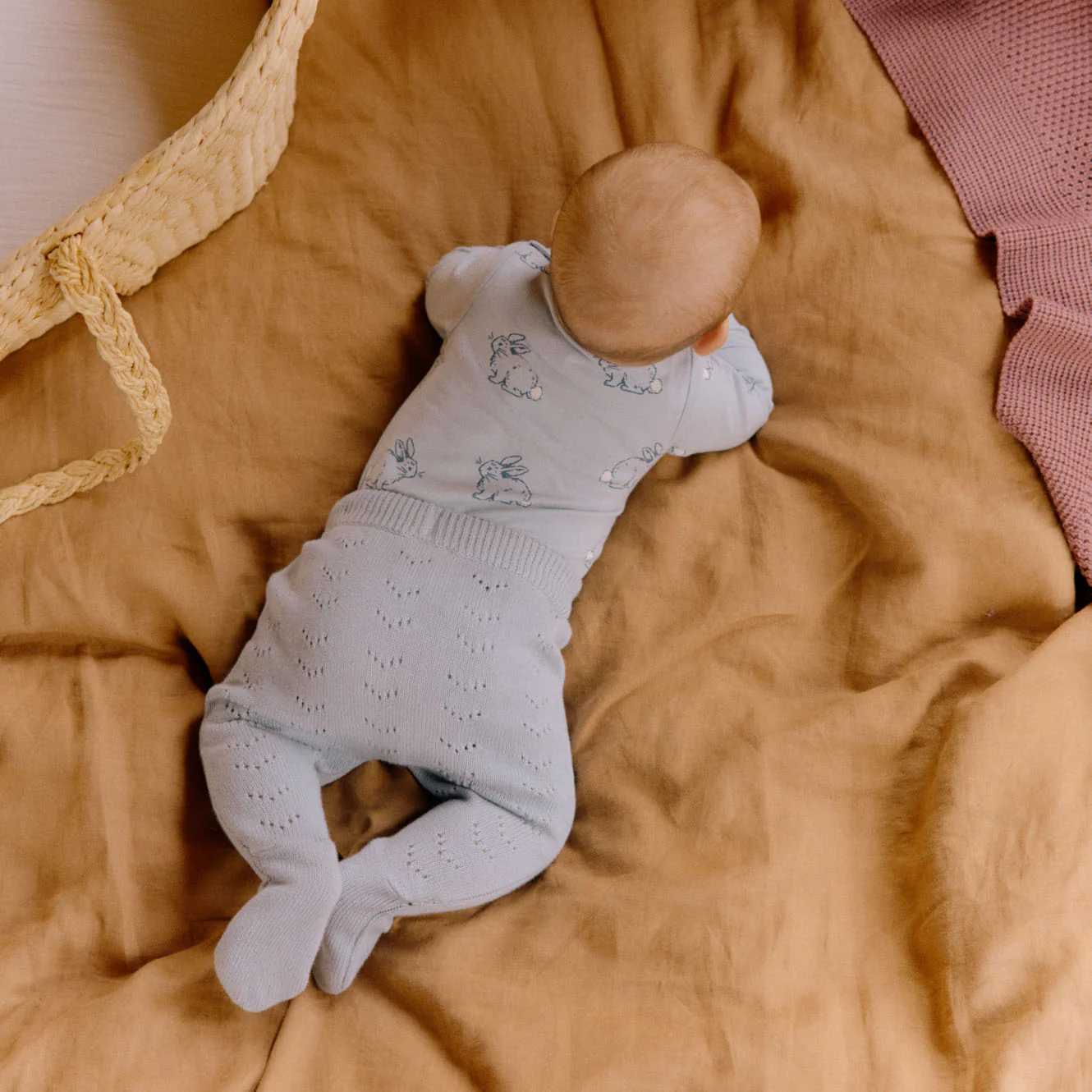 Footed Rompers Cotton Knit - Celestial Blue Pointelle - Image 3