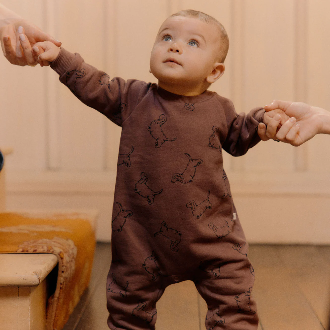 Long Sleeve Juno Romper - Happy Hounds Marron Print - Image 2