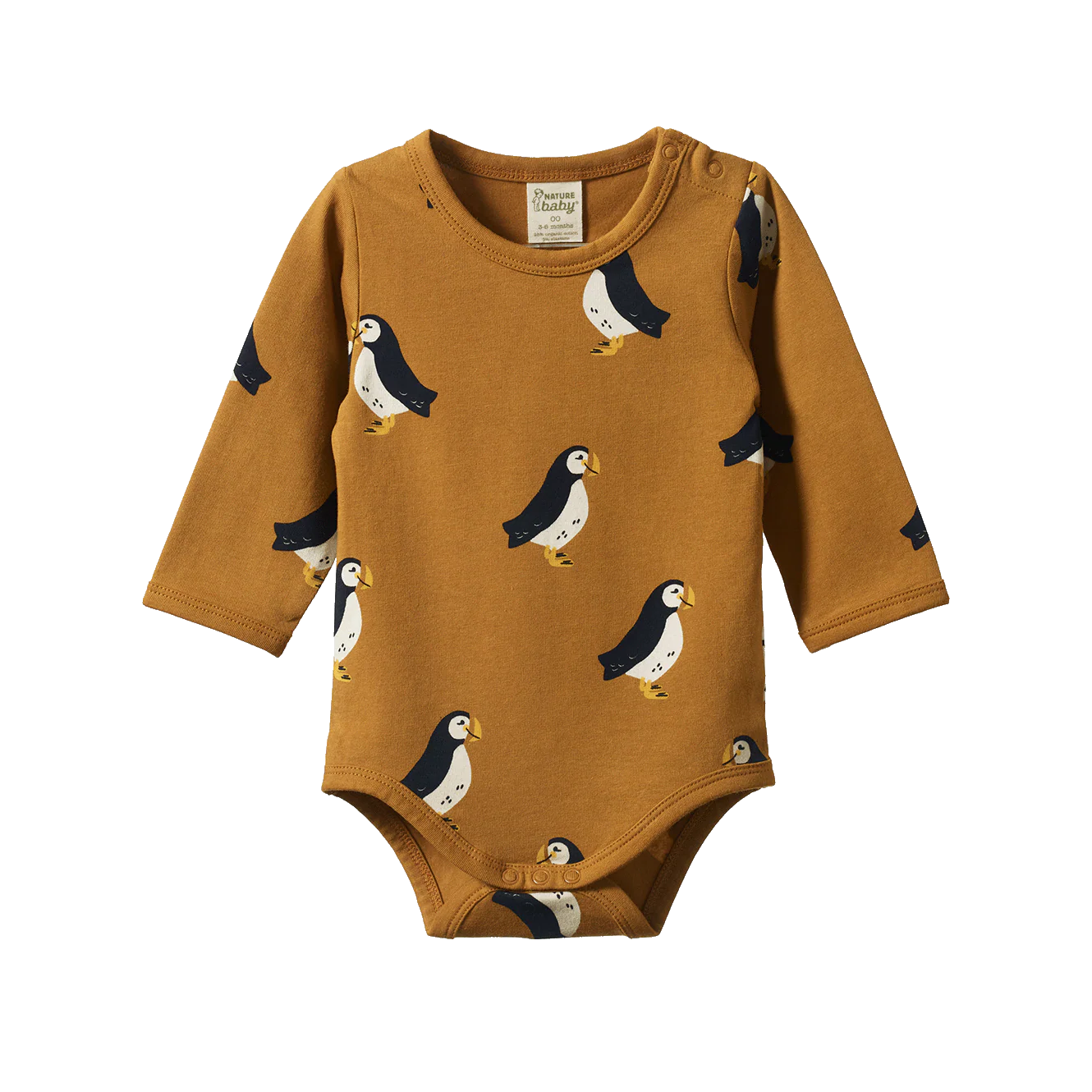 Stretch Jersey Long Sleeve Bodysuit - Puffin Toffee Print
