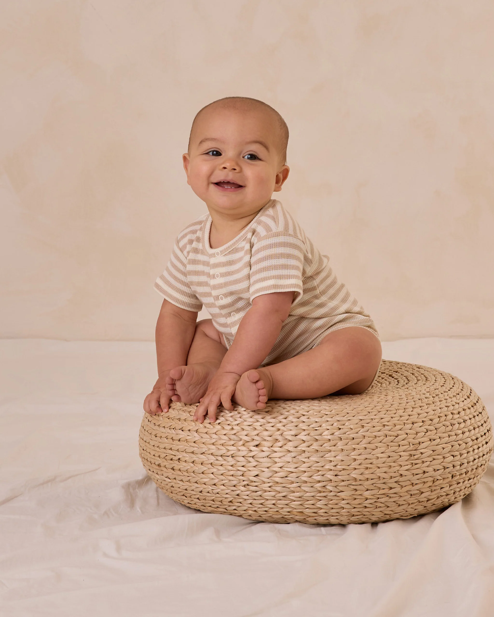 Terry Henley Romper - Oat Stripe - Image 3
