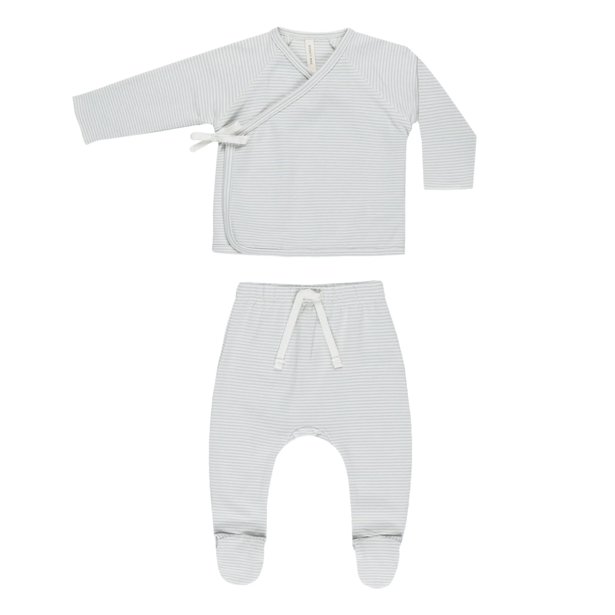 Wrap Top + Footed Pant Set - Sky Micro Stripe